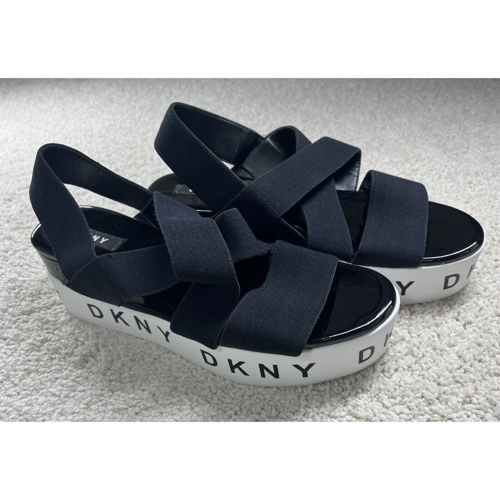 DKNY LOGO Monogram Platform Wedge Sandals Heels Slingback Strappy Black White